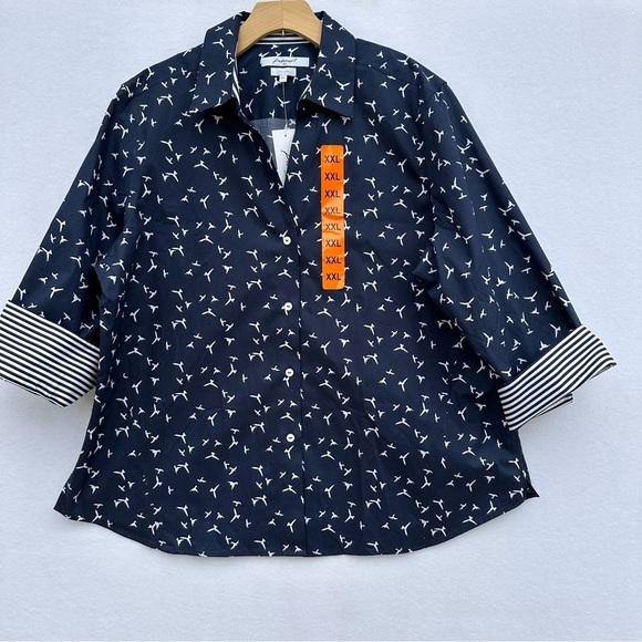 FOXCROFT Easy Care Plus Size Navy White Birds Stripe Button Front Top XXL NEW - Picture 1 of 8